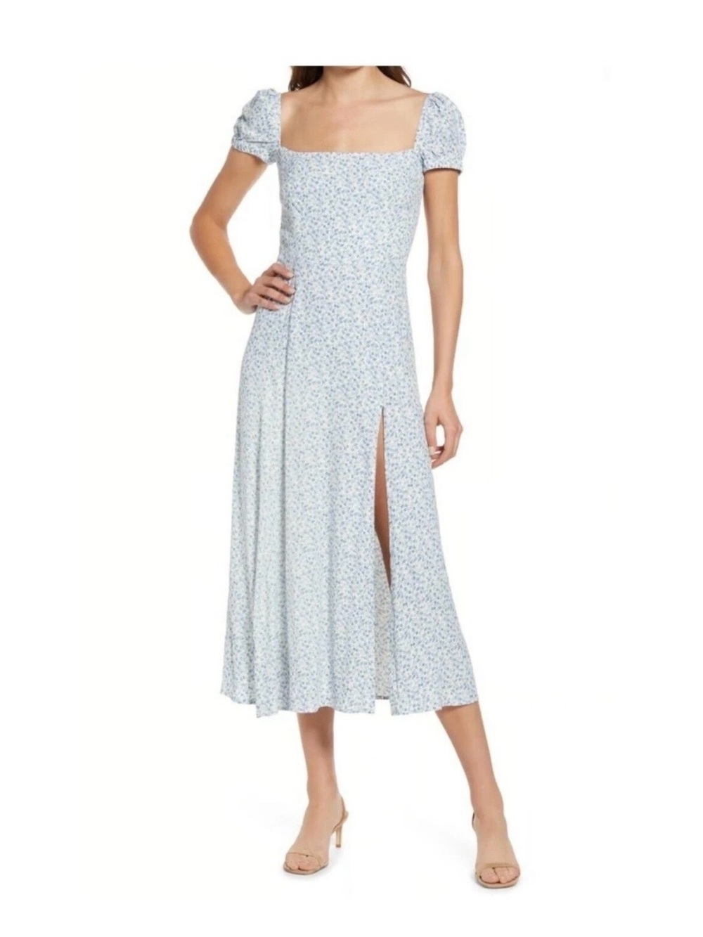 Reformation Light Blue Floral Midi Dress with Square Neck